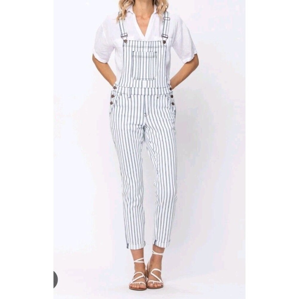 Judy Blue Overalls Womens Large White Blue Painter Stripe Stretch Railroad FLAW